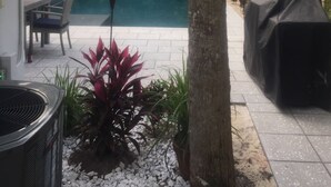 Ein Garten mit Schwimmbad, Gartenmöbeln und verschiedenen Pflanzen.