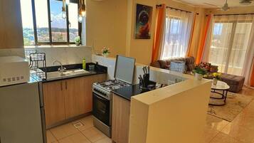 Fridge, microwave, dishwasher, cookware/dishes/utensils