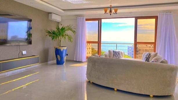 Una sala de estar moderna con un sofá, una planta grande en maceta y un televisor.