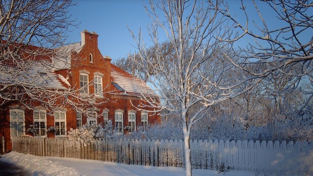 A snow-covered landscape with a brick house and a tree.