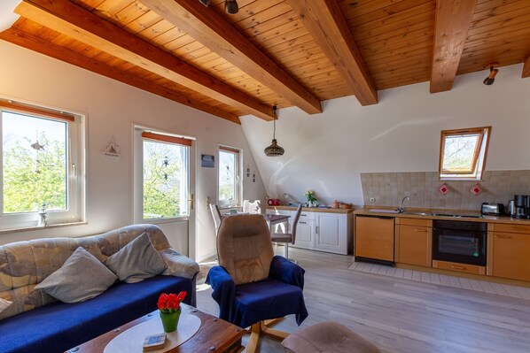 A spacious living area with a wooden ceiling, a sofa, a chair, a dining table, and a kitchen with wooden cabinets and a window.