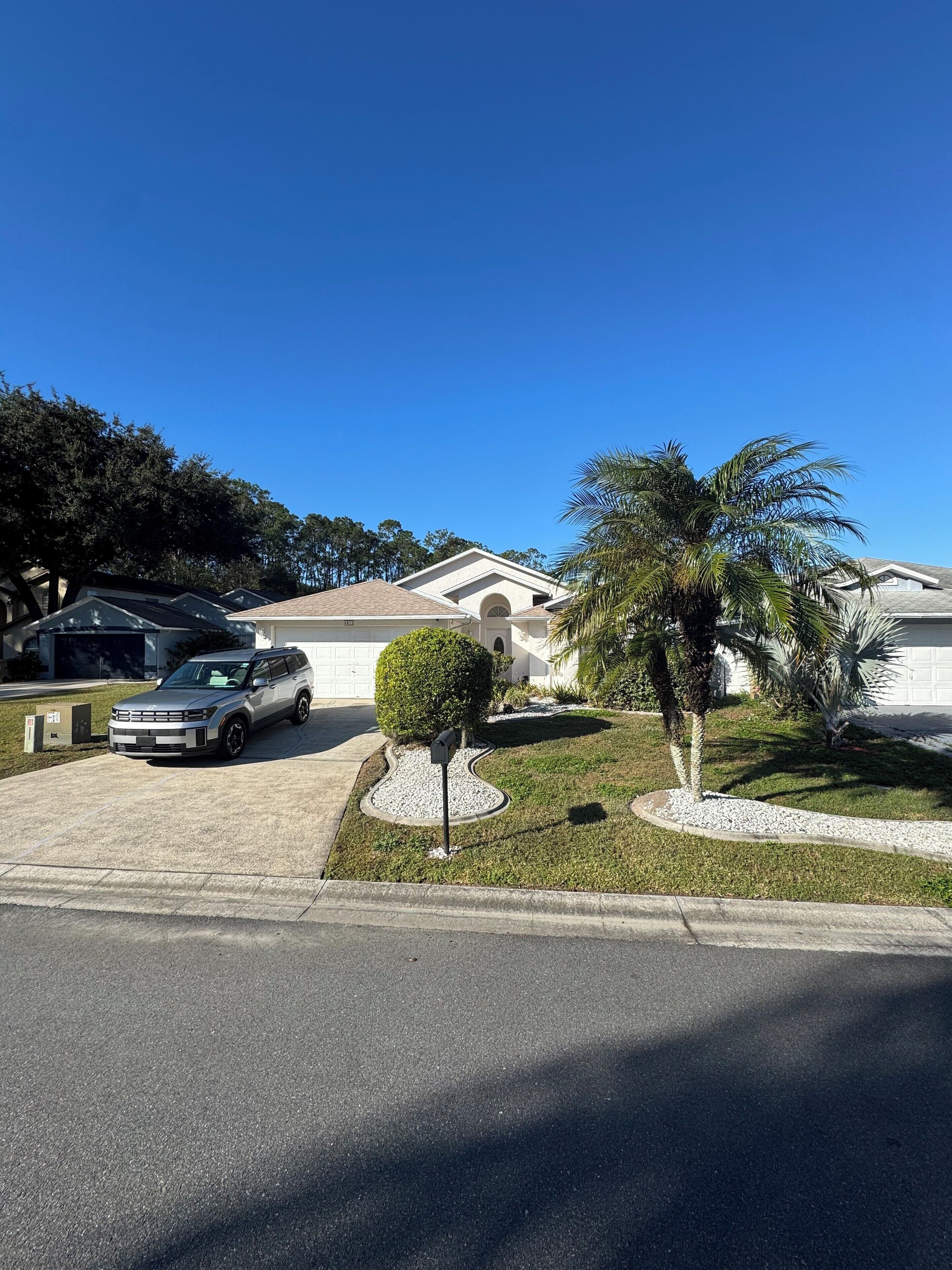 A residential driveway with a parked SUV, a mailbox, and a well-maintained lawn with a palm tree.