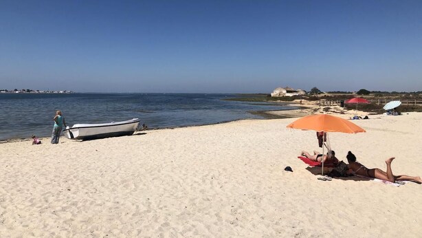 Una playa arenosa con un bote, sombrillas y gente relajándose.