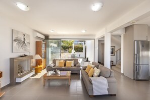 Télévision, cheminée, lecteur de DVD, livres