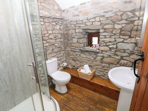 A bathroom with a stone wall, a wooden floor, a toilet, a sink, and a glass shower enclosure. - Glas Studio (Aberdare)