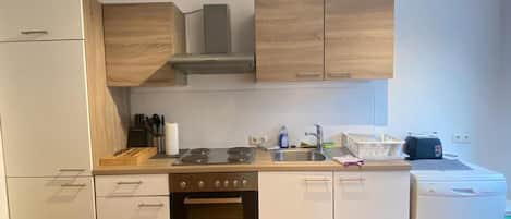 Frigorífico, microondas, horno y placa de cocina