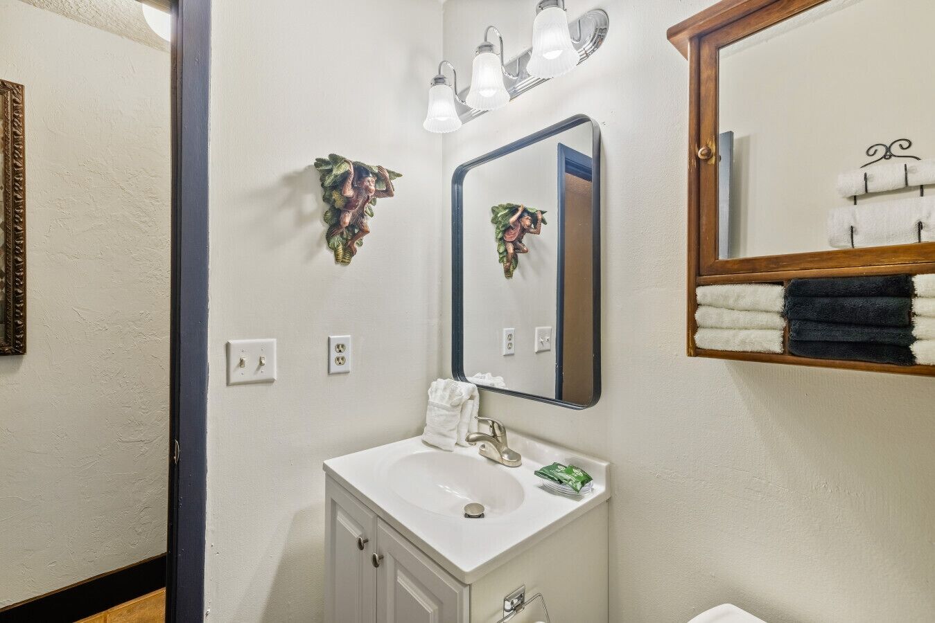 A bathroom with a white sink, mirror, and wall-mounted towel rack.