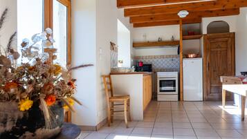 Een koelkast, een magnetron, een oven, een koffiezetapparaat/waterkoker