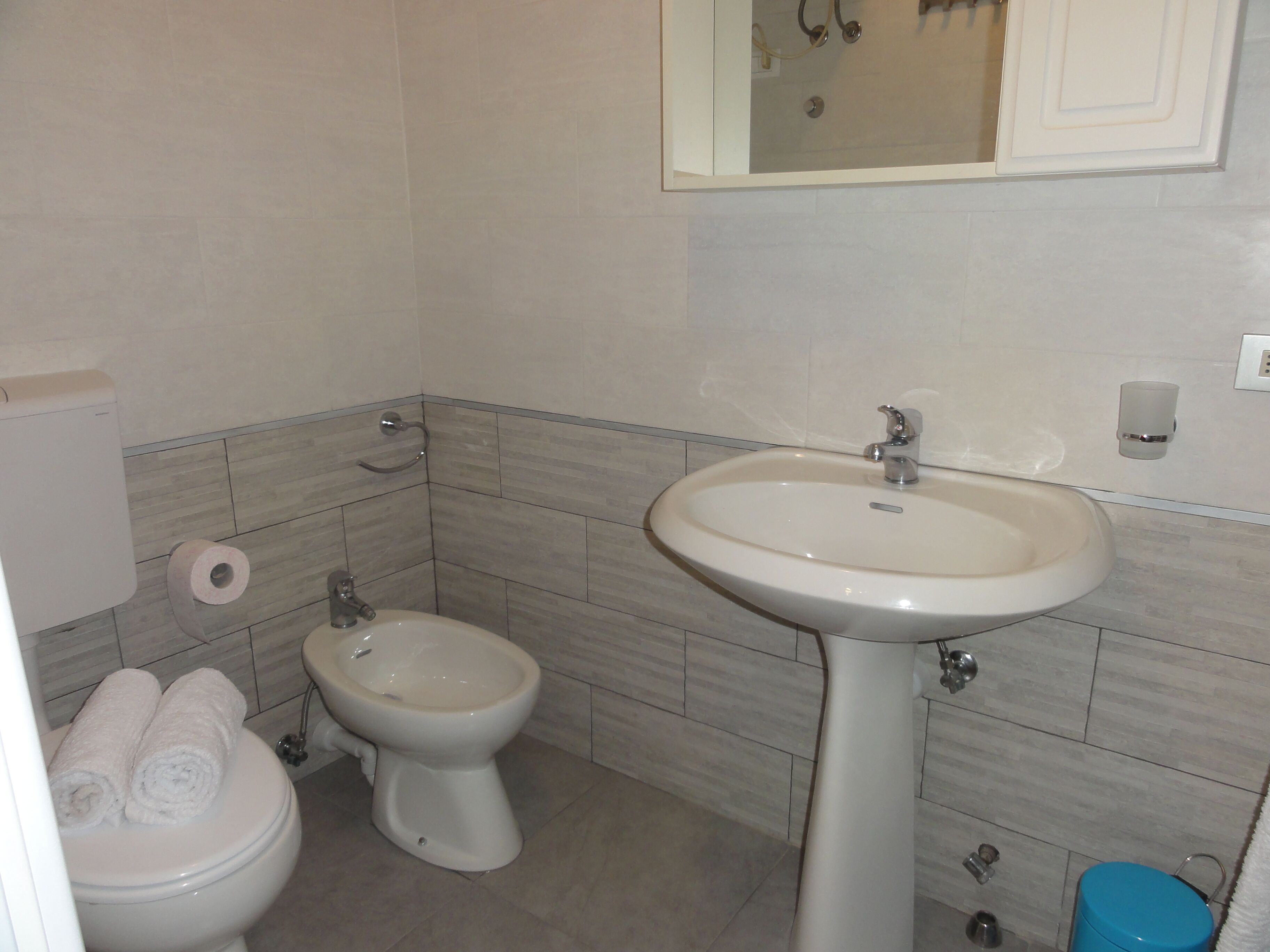 A bathroom with a toilet, bidet, sink, and towel rack.