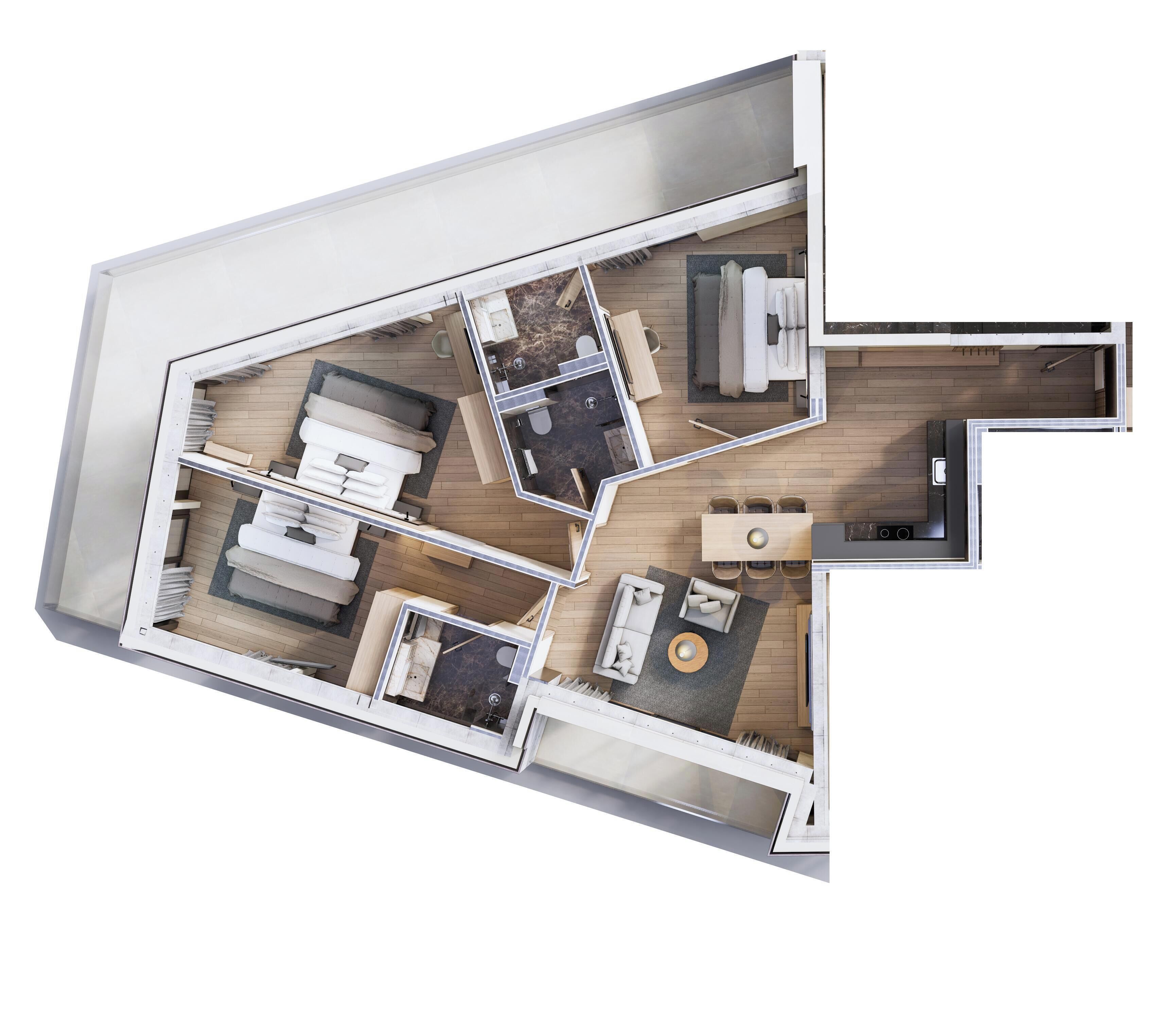 Een moderne appartementindeling met een woonkamer, eetgedeelte, keuken en twee slaapkamers.