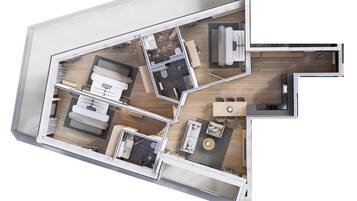 Een moderne appartementindeling met een woonkamer, eetgedeelte, keuken en twee slaapkamers.