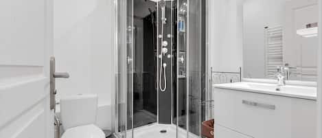 Regadera, secadora de cabello, toallas