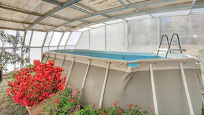 Et gennemsigtigt drivhus med en pool, omgivet af planter.