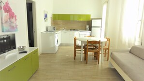 Un espace de vie compact comprenant un coin cuisine, un coin repas et un canapé.
