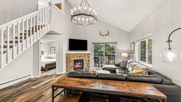 Televisión, chimenea y reproductor de DVD