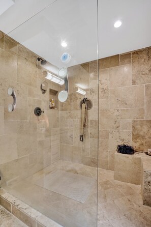 Shower, towels, soap, toilet paper