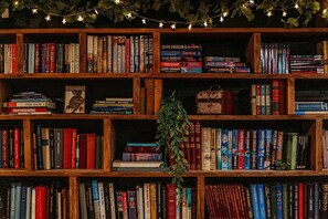 Une bibliothèque remplie de livres, dont des œuvres de Clive Cussler, et une petite plante suspendue au centre.