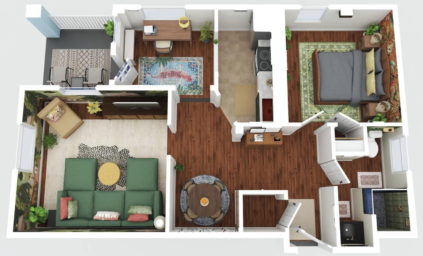 Un plan d’étage en 2D d’une chambre d’hôtel comprenant un espace de vie, un coin repas, une chambre et une salle de bain.