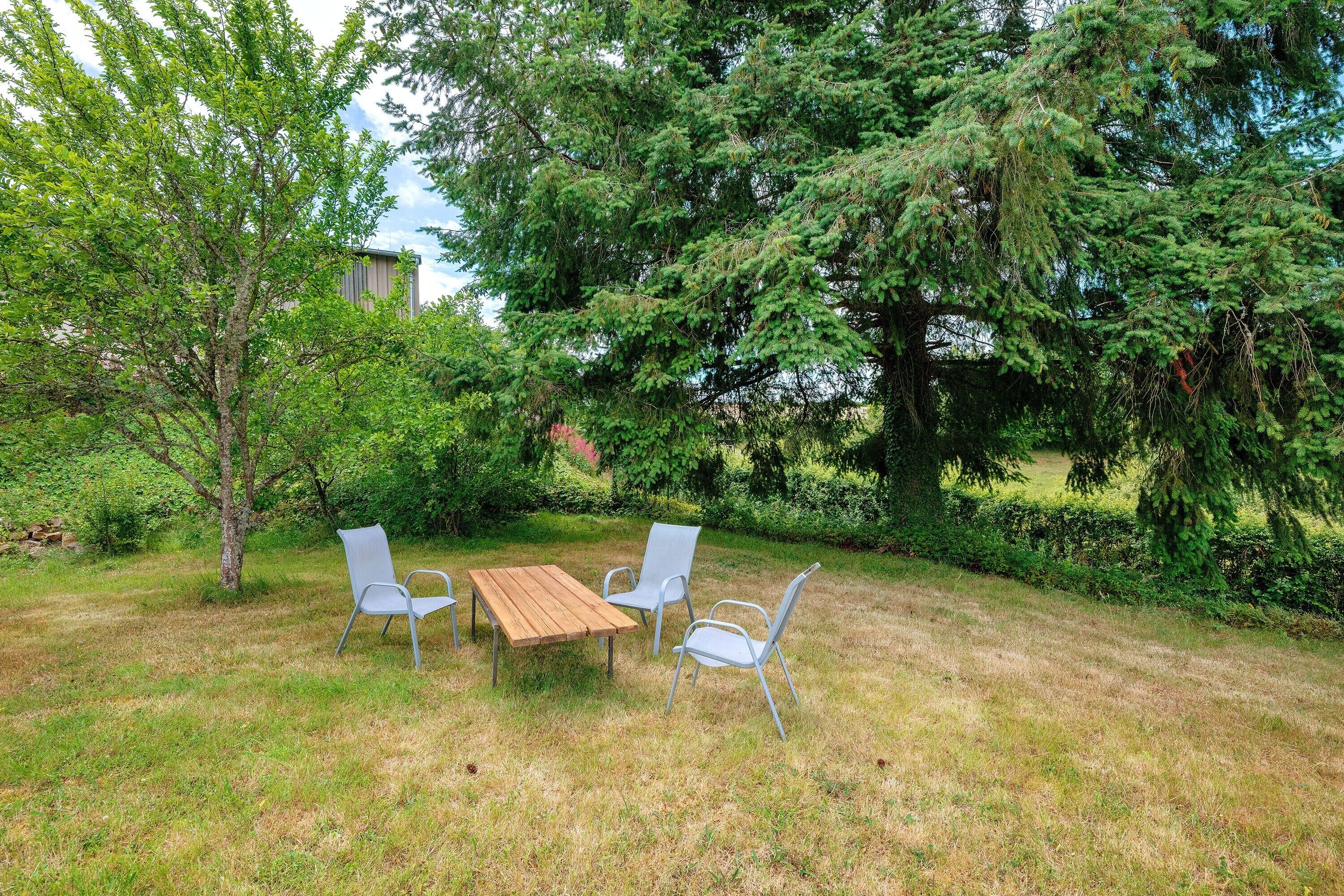 Un espace extérieur aménagé avec une table en bois et des chaises en métal, entouré d’arbres et d’herbe.