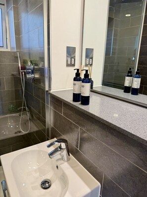 Shower, hair dryer, towels