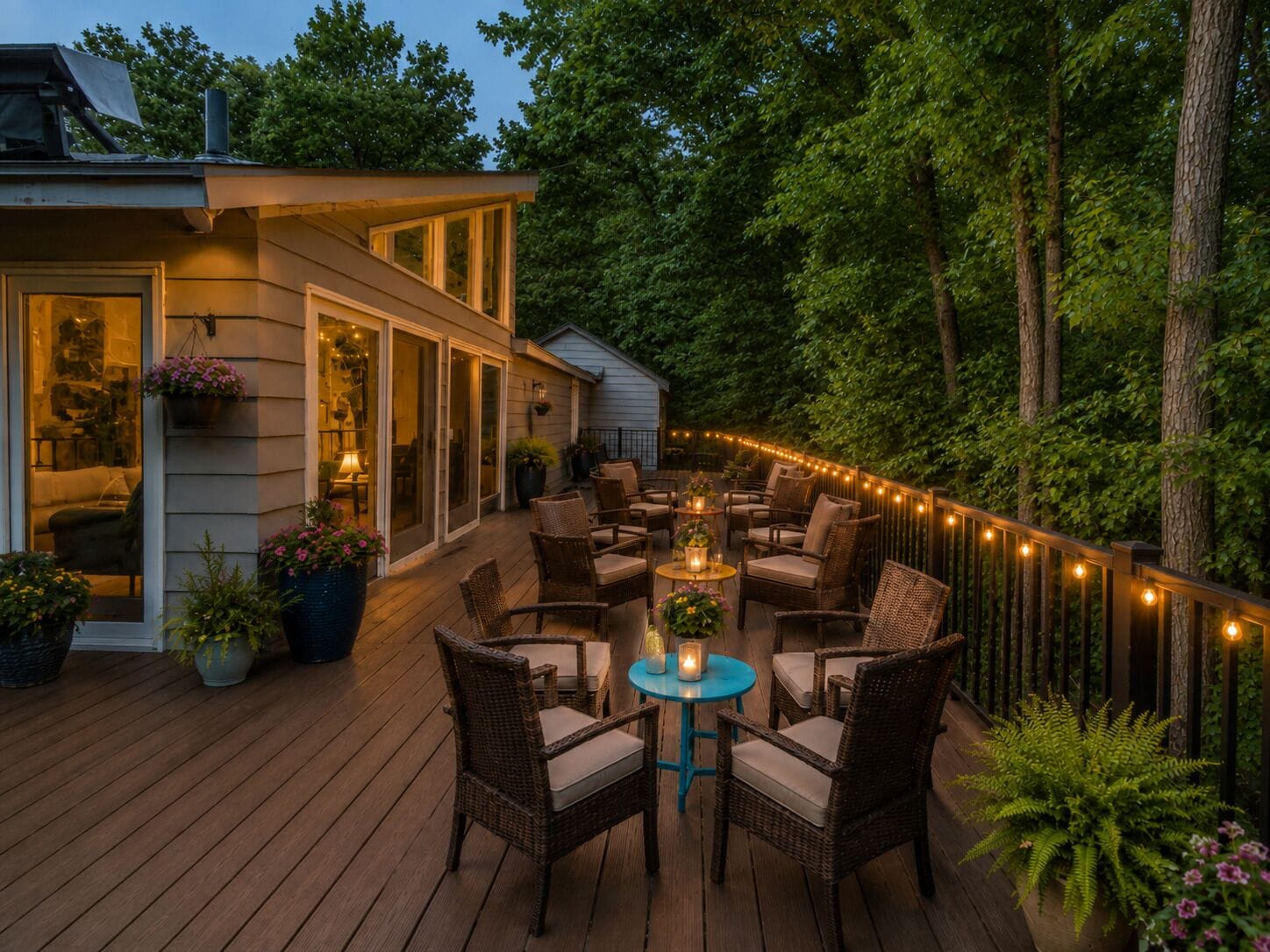Une terrasse extérieure aménagée avec des meubles en osier et des guirlandes lumineuses, entourée d’arbres.