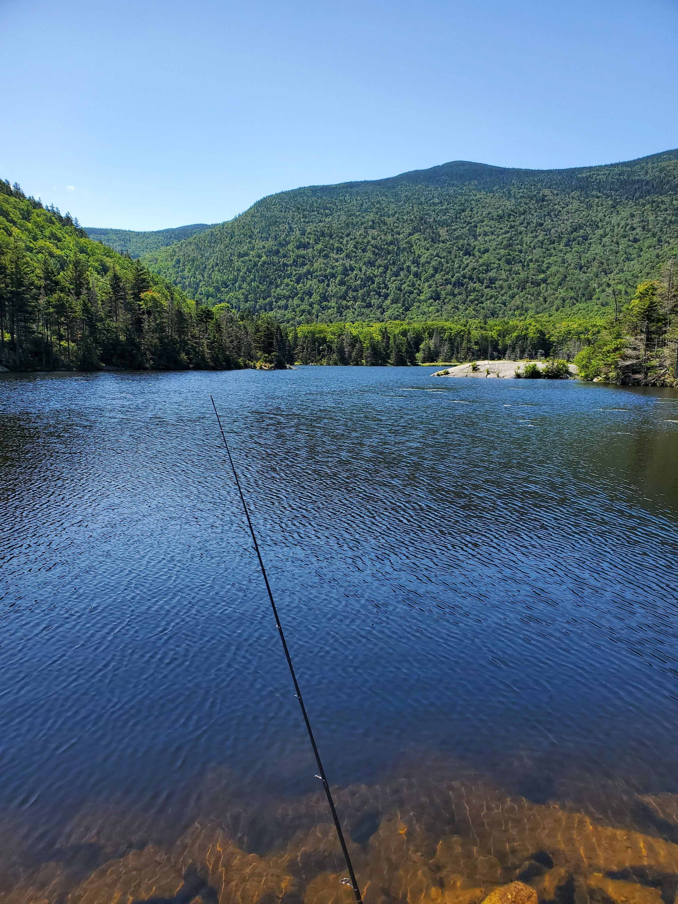 A fishing rod in a clear lake surrounded by forested hills.