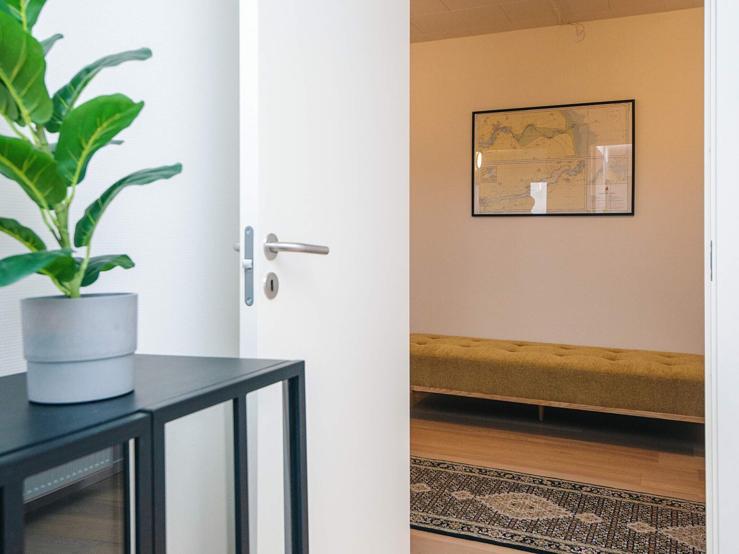 A room with a potted plant, a door with a handle, a framed map on the wall, a bench, and a patterned rug.