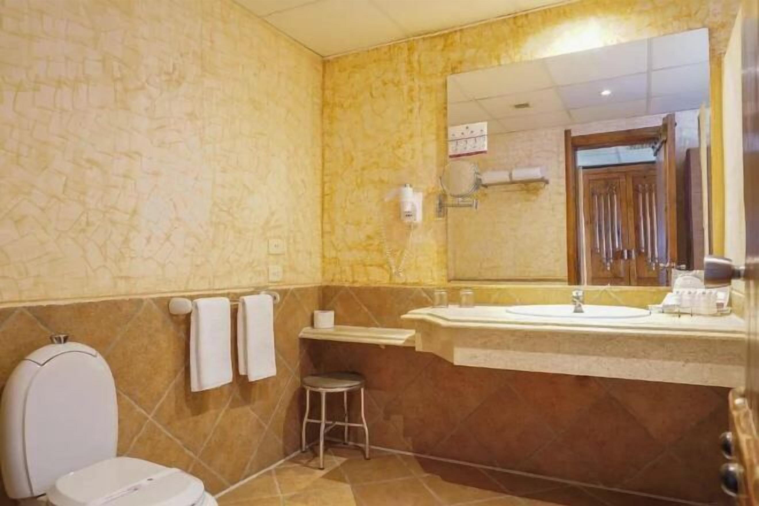 A bathroom with a toilet, sink, and mirror.
