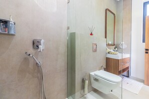 Shower, hair dryer, towels, soap