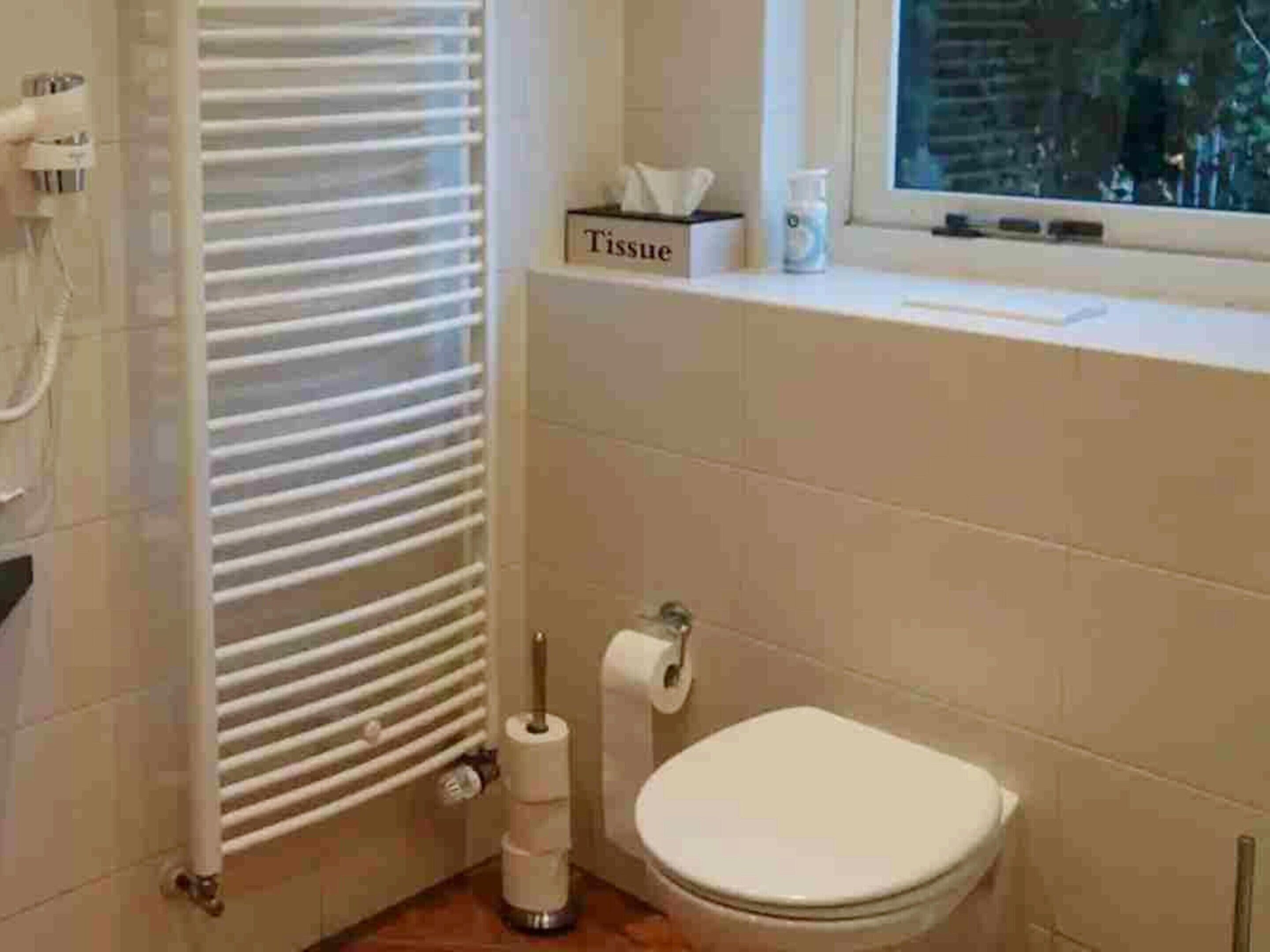 A bathroom with a toilet, a tissue box, and a window.