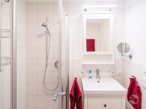 Shower, hair dryer, towels