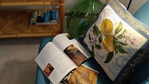 Ein Zimmer mit einer Holzhintergrundwand, auf der Reisezeitschriften, eine grüne Vase und ein Kissen mit floralem Muster zu sehen sind.