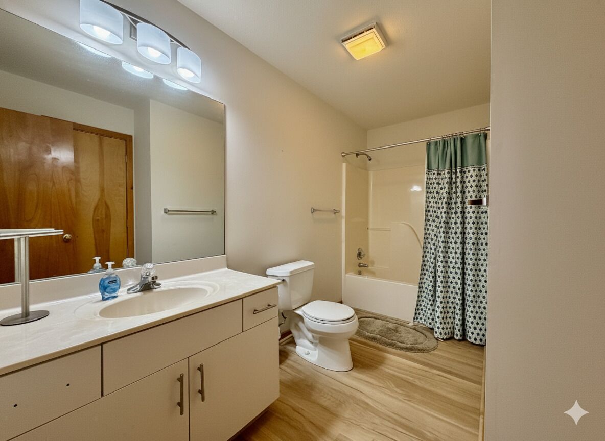 Ein modernes Badezimmer mit großem Spiegel, Waschbecken, Toilette und Duschbereich.