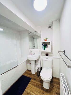 Hair dryer, towels, soap, toilet paper