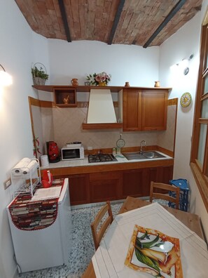 Kühlschrank, Mikrowelle, Herdplatte, Wasserkocher