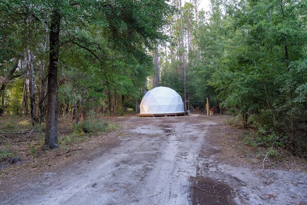 A dome-shaped tent in a forested area with a dirt path leading to it.