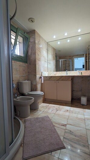 Hair dryer, bidet, towels, soap