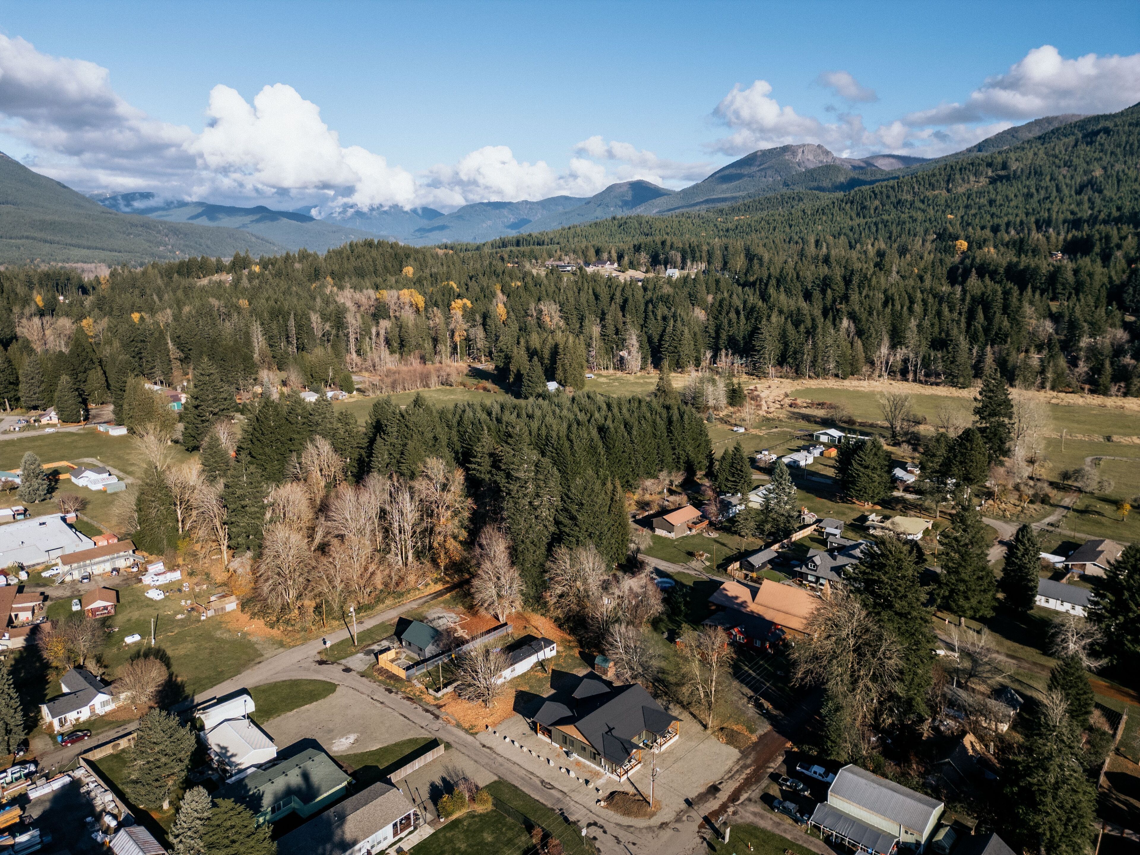 An aerial view of a residential area with houses, roads, and a forested mountain backdrop.