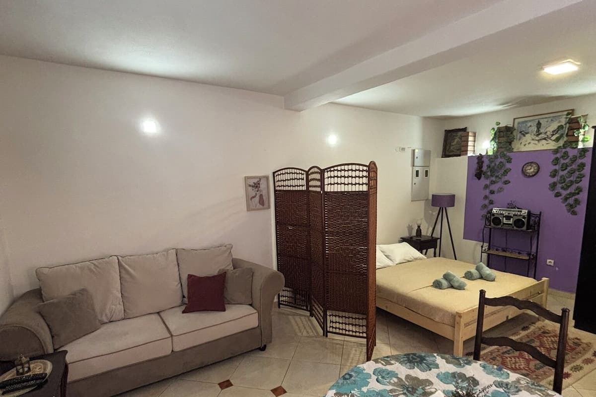 A room with a sofa, a bed, a table with a floral tablecloth, and a decorative partition.