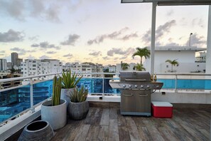 A rooftop terrace with a grill, potted plants, and a view of the city skyline. - Acqualina s View @ Santo Domingo (Santo Domingo)