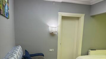 A bedroom with a bed, a sofa, and a skylight.