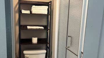 Shower, towels, toilet paper
