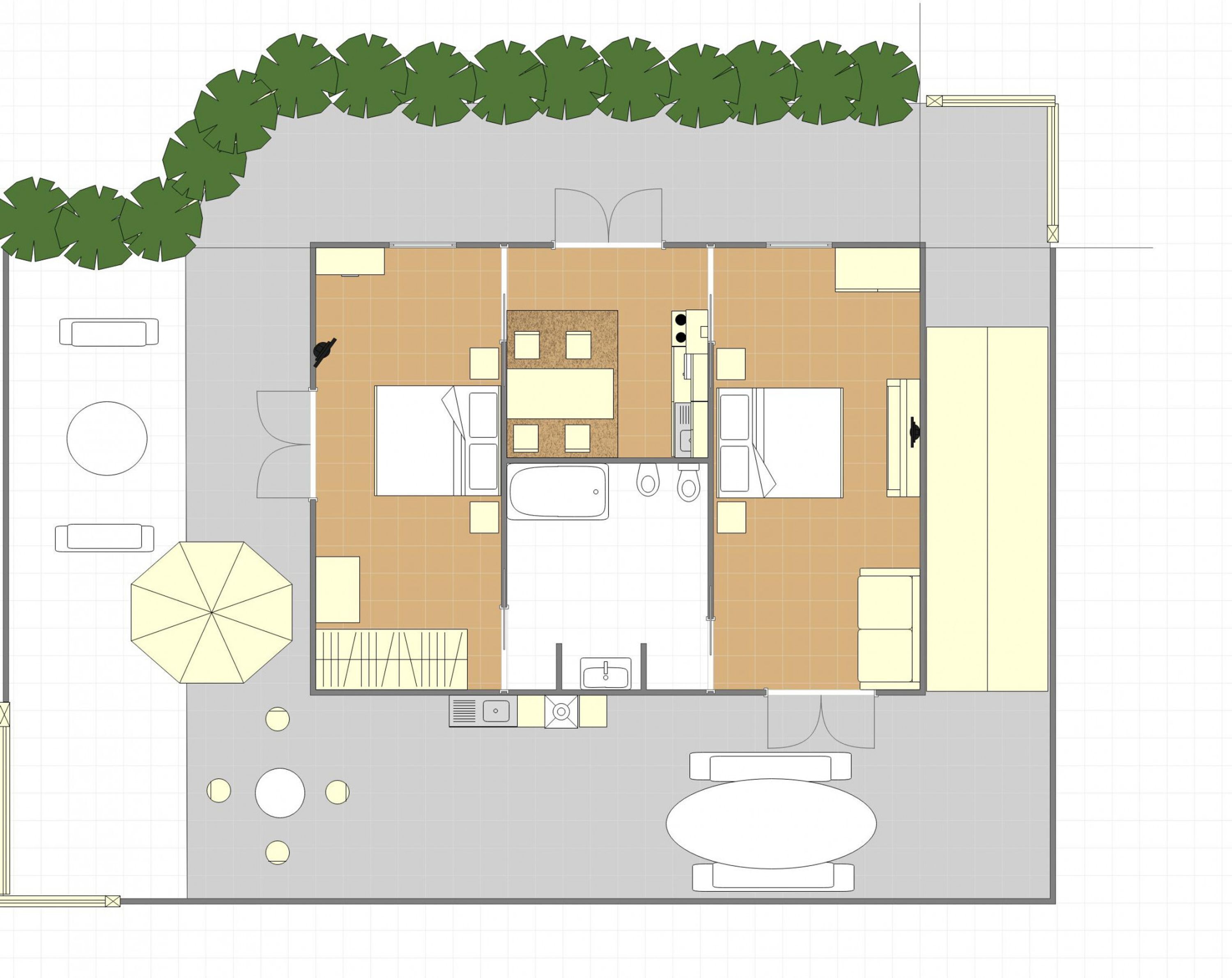 A floor plan of a hotel room with a kitchenette, a dining area, a bathroom, and a small outdoor seating area.