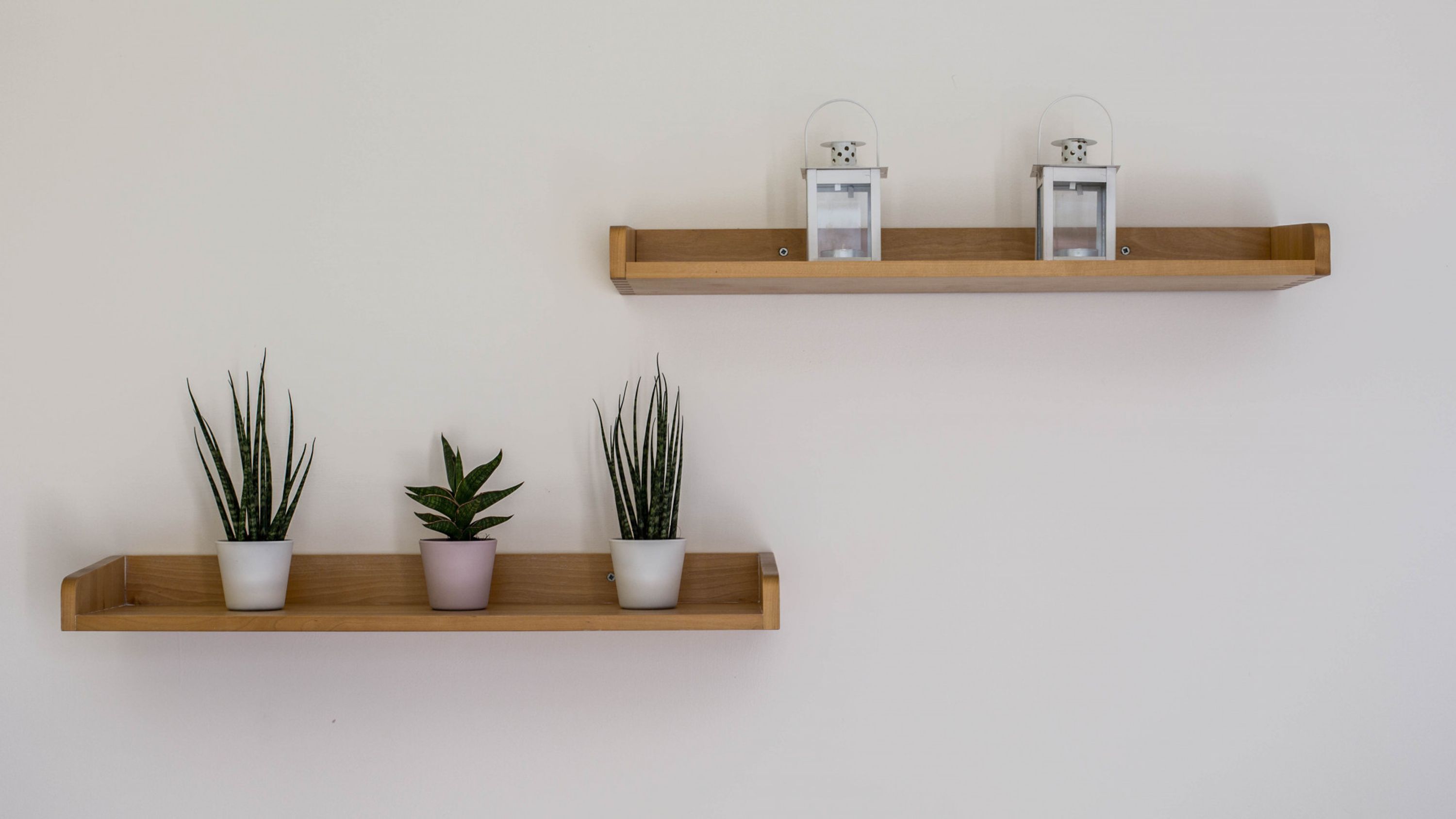 Two wooden wall shelves, each holding potted plants and two white lanterns.