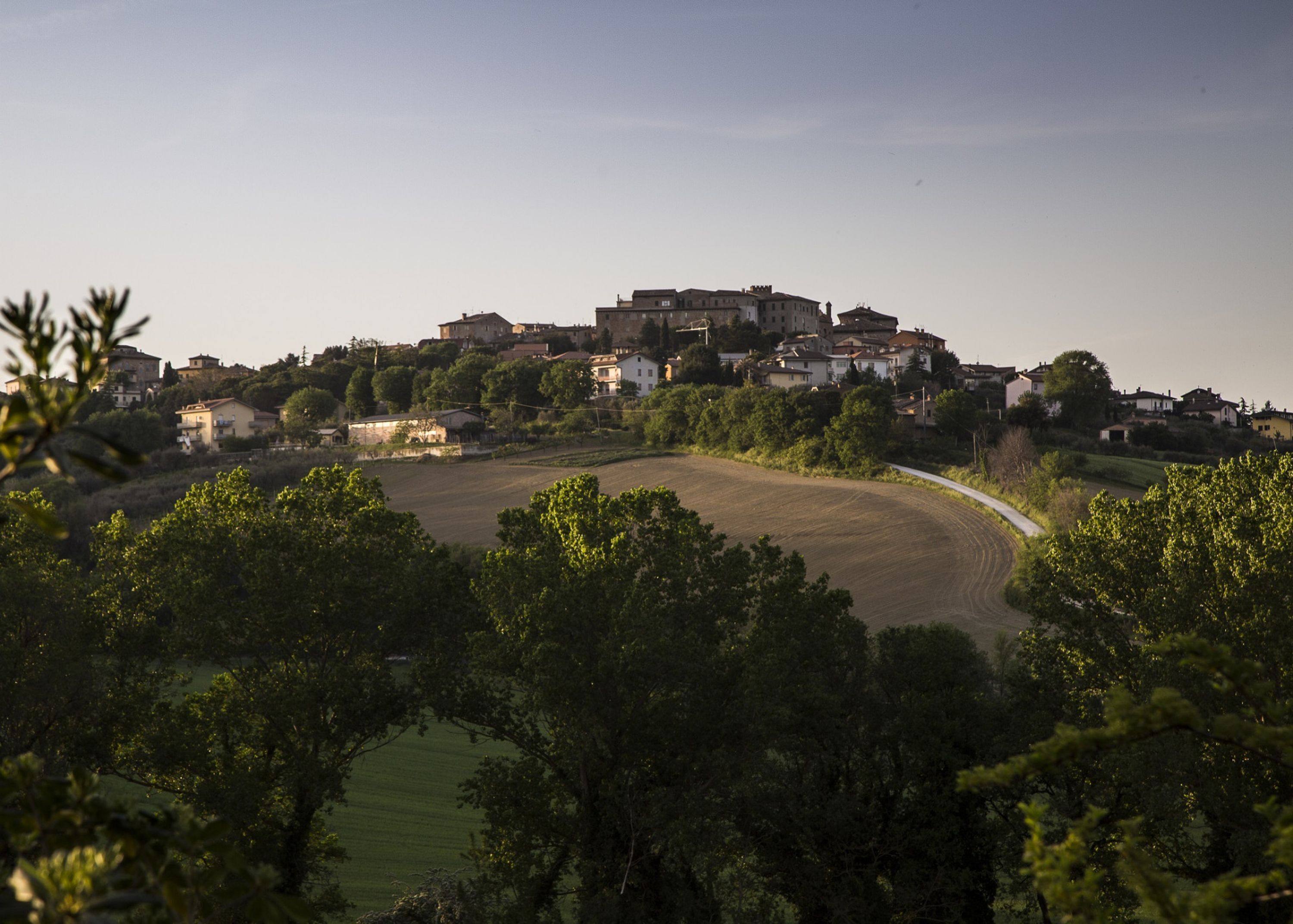 A rural village with houses on a hill, surrounded by greenery and fields.