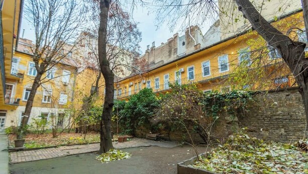 A courtyard with a paved area, trees, and a stone wall.