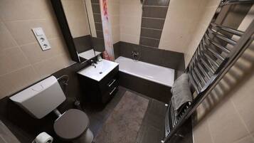 Shower, hair dryer, shampoo