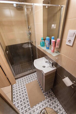 Shower, free toiletries, hair dryer, towels