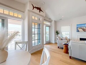 Smart TV, fireplace, books