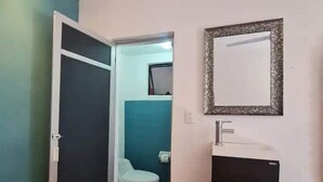 A bathroom with a toilet, a sink, and a mirror on the wall.